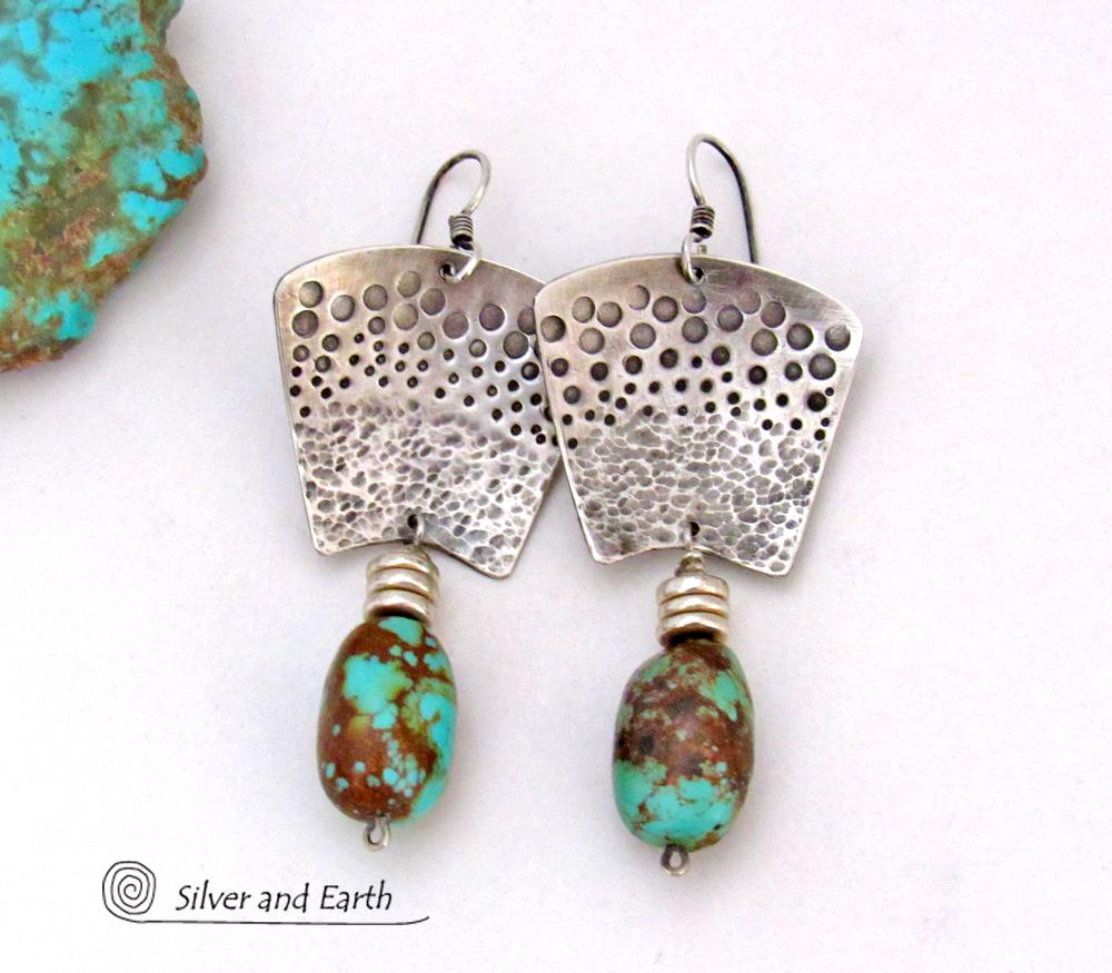 Southwestern Turquoise Earrings, Gemstone Earrings, Tribal Earrings, Mandala Earrings, Rustic, Gifts for Women, Antique top Silver, Fine Silver